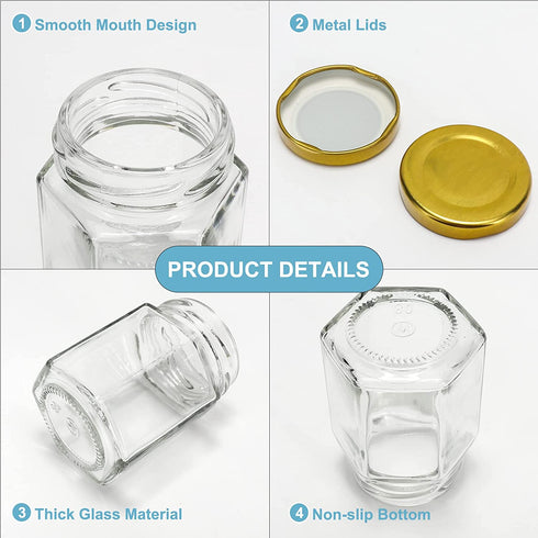 3 oz Hexagon Glass Jars with Gold Lids, 30 Pack Honey Jars Canning Jars Small Spice Jars for Jelly, Herb, Jams, Candy, Wedding Favors, Includes Labels and Pen