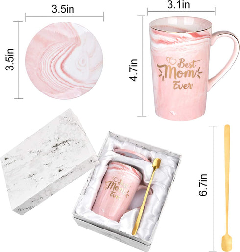 Best Mom Ever Mug Best Mom Gifts from Daughter Son Gifts for Mom Coffee Mug Mother's Day Birthday Gifts 14 Oz with Gift Box and Spoon Coaster Pink Marble Mom Mug