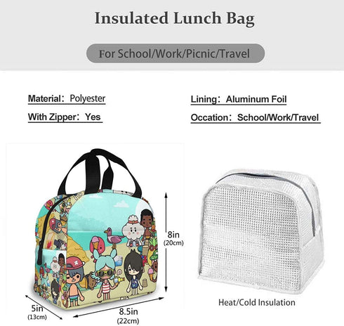 Zhousongst Toca Life World Portable Insulated Lunch Bag Picnic Bags Box with Front Pocket,Black,One Size