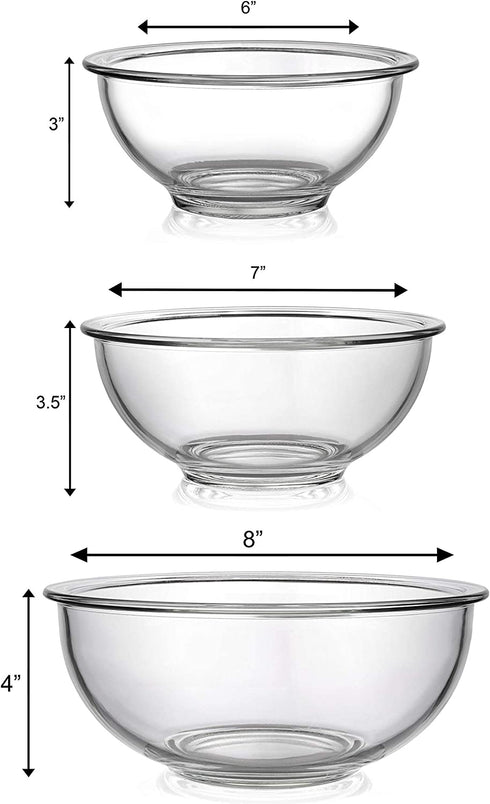 Bovado USA Glass Bowl Set (1QT + 1.5QT + 2.5QT) for Storage, Mixing, Serving - Clear, Dishwasher, Freezer & Oven Safe Glass, Easy-Clean, 2.5 QT, 1.5 QT, 1 QT