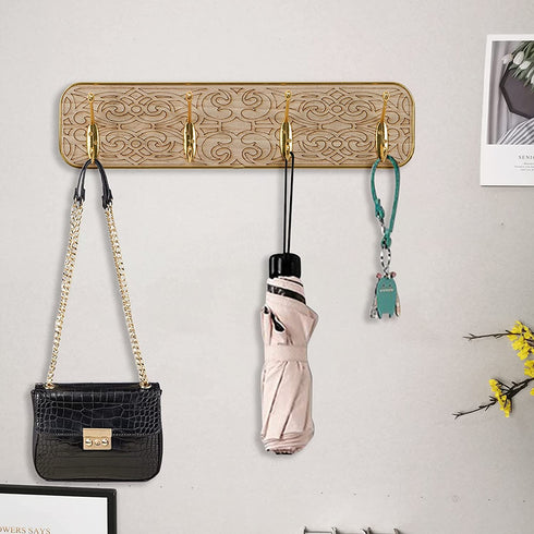 Wall Mounted Coat Rack, 2 Packs Gold Coat Hooks with 4 Hooks, Bag Purse Hat Umbrella Hanger for Wall Organizer and Storage in Cubicle Living Room Bedroom Entryway Closet Room Office