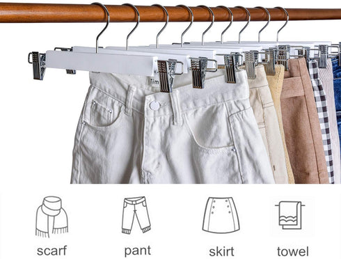 Amber Home 14.17" Solid White Wooden Pant Skirt Hangers 10 Pack, Bottom Hangers for Slacks Trousers Jeans with 2-Adjustable Anti-Rust Clips (White, 10 Pack)