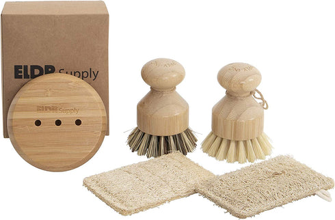 Zero Waste Dish Cleaning Starter Kit, Two Biodegradable Pot and Dish Brushes, Two Natural Loofah Sponges, Bamboo Soap Tray. Kitchen Set for Plates, Fruits, Vegetables, and Cast Iron Cookware