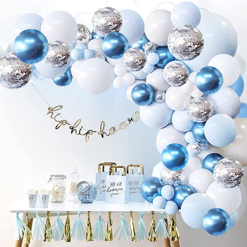 Blue Balloon Garland Arch Kit - 126 Pieces/PCS Metallic Blue White and Silver Confetti Latex Balloons for Baby Shower Birthday Wedding Graduation Bachelorette Anniversary Party Background Decorations
