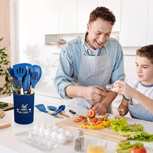 mossFlos Kitchen Cooking Utensils Set, 12 pcs Non-Stick Silicone Cooking Kitchen Utensils with Holder, Heat Resistant Kitchen Gadgets Utensil Set,Dark Blue