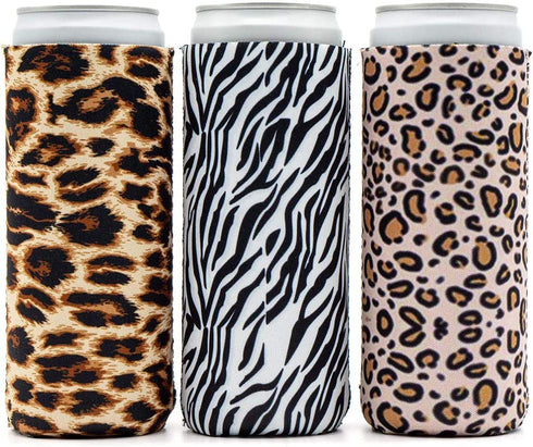 Party Girl Kim Slim Can Coolers - Neoprene Insulated Slim Can Cooler for Tall Skinny 12oz Cans Like White Claw, Truly, Hard Seltzers and Red Bull - 3 Pack Animal Print