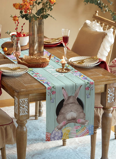 SUN-Shine Spring Table Runner Easter Rabbit on Farm Wooden Dresser Scarves-70inch Long,Teal Turquoise Linen Burlap Eggs and Floral Table Runners Cloth for Kitchen Dining April Holiday Party Decor