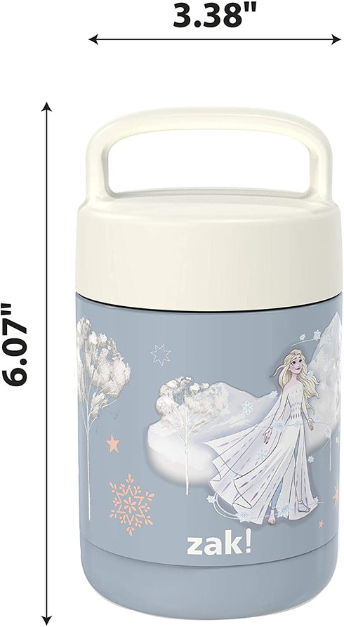 Zak Designs Kids' Vacuum Insulated Stainless Steel Food Jar with Carry Handle, Thermal Container for Travel Meals and Lunch On The Go, 12 oz, Elsa