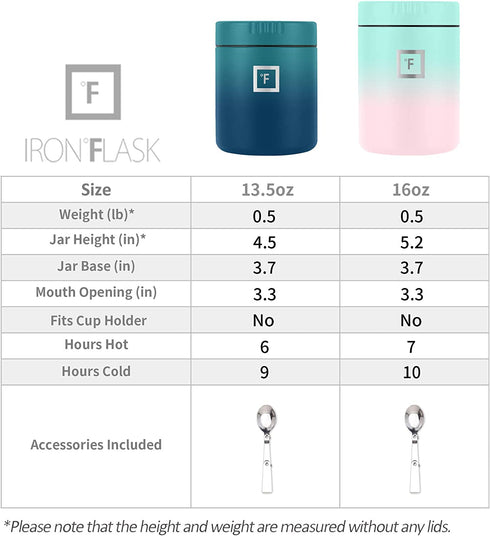 IRON °FLASK Food Jar - 13.5 Oz, Foldable Spoon, Leak Proof, Vacuum Insulated Thermo, Stainless Steel, Storage Lunch, Container, Canteen, Double Walled, Portable Food Bowl