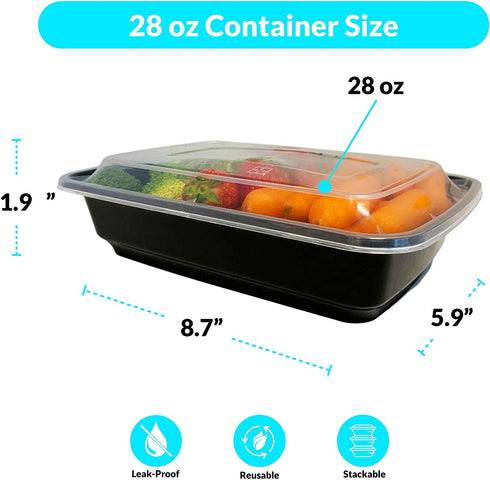Reli. Meal Prep Containers, 28 oz. (50 Pack) - 1 Compartment Food Containers with Lids, Microwavable Food Storage Containers - Black Reusable Bento Box/Lunch Box Containers for Meal Prep (Black)(28oz)