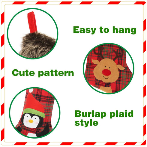 Aitbay Christmas Stockings, 4 Pack 18" Big Xmas Stockings, Burlap Plaid Style with Penguin Santa Snowman Reindeer and Plush Faux Fur Cuff Family Pack Stockings for Xmas Holiday Party Decor