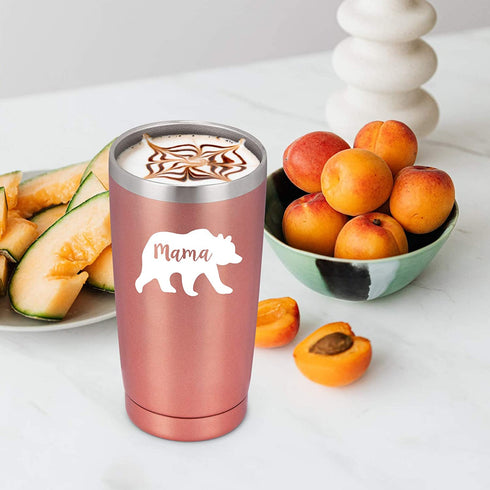Gingprous Mama Bear Travel Tumbler, Mother's Day Gifts for Best Mom Mother Birthday Christmas Thangksgiving Gifts, Stainless Steel Insulated Travel Tumbler with 2 Lids and Straws, (20 Oz, Rose Gold)