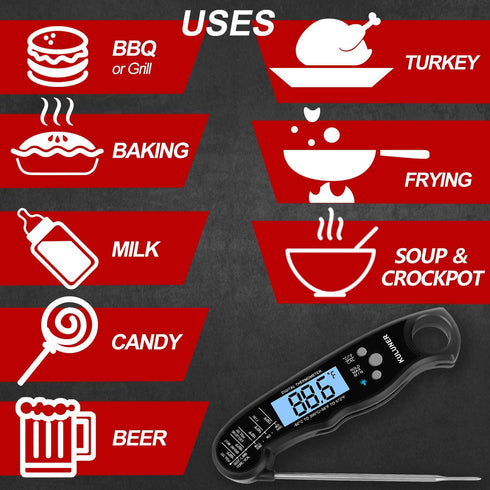 KULUNER TP-01 Waterproof Digital Instant Read Meat Thermometer with 4.6? Folding Probe Backlight & Calibration Function for Cooking Food Candy, BBQ Grill, Liquids,Beef(Black)