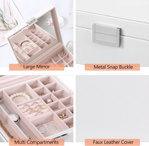 BEWISHOME Jewelry Organizer Box Jewelry Boxes for Women Girls 2 Layers Jewelry Storage Case with Large Mirror for Earring Ring Necklace Bracelet Faux Leather White SSH01W