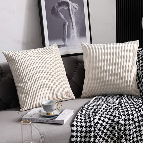 DEZENE Ivory White Couch Pillow Covers: 2 Pack 20x20 Inch Original Striped Velvet Square Throw Pillow Cases for Farmhouse Home Decor