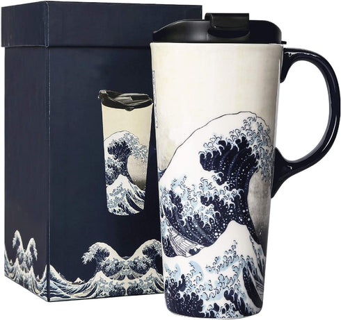 Ceramic Travel Mug Porcelain Coffee Cup with Spill-proof Lid and Box, 17 Oz.