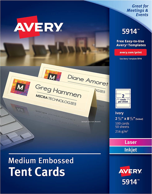 Avery Medium Embossed Ivory Tent Cards, Laser/Inkjet Printers, 2-1/2x8-1/2, Pack of 100 (5914)