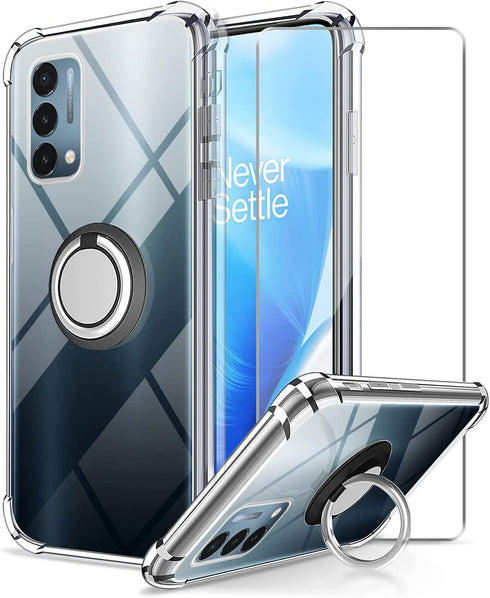 for OnePlus Nord N200 5G Case with Tempered Glass Screen Protector Clear Soft Shockproof Protective Phone Case Cover with 360 Degree Rotating Holder Kickstand for OnePlus N200 5G, Crystal Clear