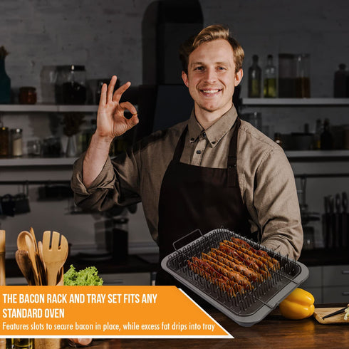 EaZy MealZ Bacon Rack & Tray Set | Specialty Tray and Grease Catcher | Even Cooking | Non-Stick | Healthy Cooking | Quality Material | Customized Cooking Experience (Medium, Gray)