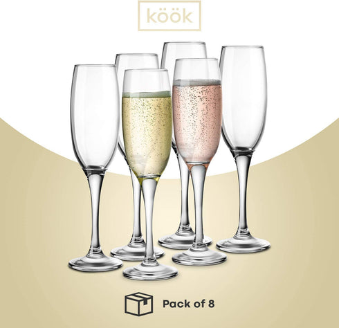 KooK Premium Clear Glass Champagne Flutes, Thin Stem, 7 ounce, Classic Champagne Glasses Pack of 8