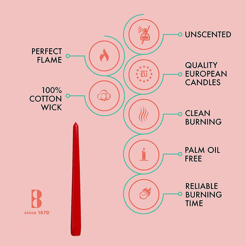 BOLSIUS 10 Count Unscented 10 Inch Red Household Taper Candles - 8 Hours Burn Time - Premium European Quality - Smokeless Dripless Taper Candlestick - Great for Special Occasion, Church, and Everyday