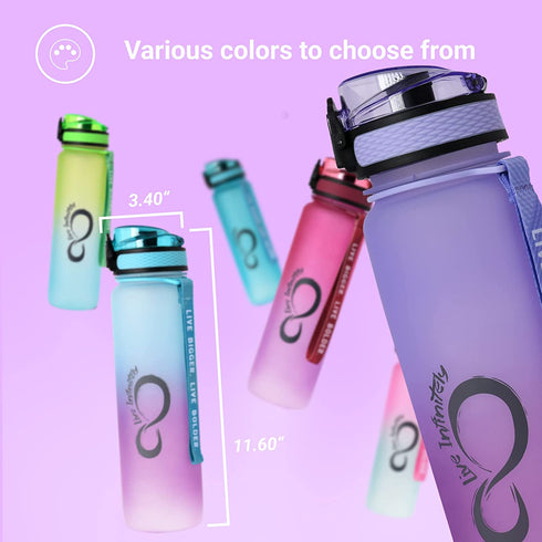 Live Infinitely 34 oz Gym Water Bottle with Time Marker - Fruit Infuser Screen BPA Free 1 Liter Water Bottle - Locking Flip Top Lid & Durable Travel Bottle Coating (Amethyst 34oz)