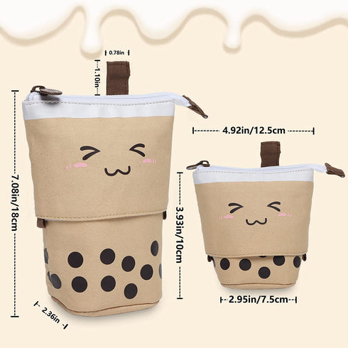 GFPGYQ Standing Pencil Case for Girls, Boba Cat Pop Up Pencil Case Cute Telescopic Pen Pouch Holder Canvas Zip Kawaii, Kids Students Gifts 3 Packs