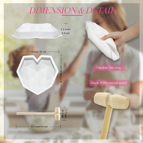 4 Pieces Valentine's Day Diamond Heart Mold Silicone Letter Alphabet Fondant Chocolates Molds, 8.7 Inch Silicone Breakable Heart Mold and 4 Pieces Wooden Hammers for Baking Chocolate