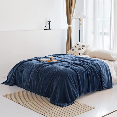BT.WA Throw Blanket with Pompom Fringe Soft Cozy Flannel Blanket for Couch Sofa Bed Camping Travel Home Decor (Aegean Blue, 51"x63")