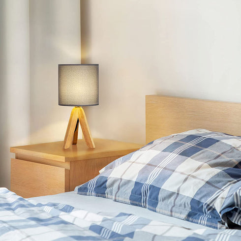 HAITRAL Small Bedside Table Lamp - Wooden Tripod Nightstand Lamp for Bedroom, Living Room, Office, Farmhouse, Home with Fabric Shade, Grey