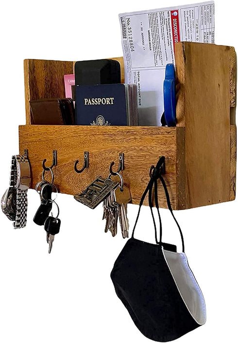 Wrightmart Key Ring Hanger, 5 Hook, Wall Mounted Organizer, Keyholder, Mail, Wallet , Phone, Sunglass Storage Unit, Secure Command Center Pocket, Decorative Rustic Farmhouse Wood, Natural Finish