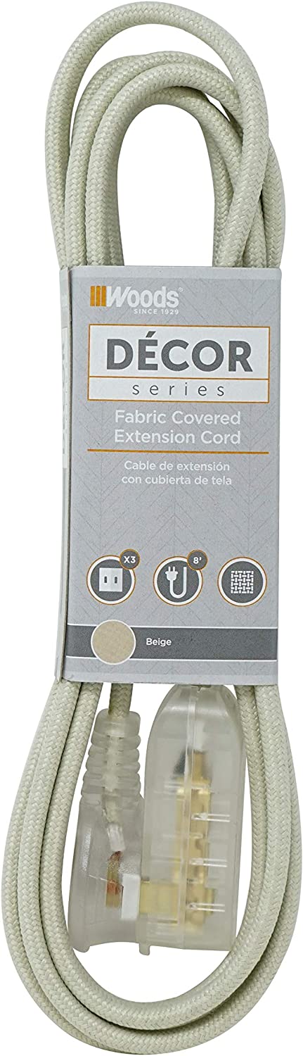 Woods 64598301 Decor Series 8-Foot Fabric Braided Indoor Extension Cord with Lighted Ends, 3 Polarized 2-Prong Outlets, Right Angle Plug, 125 Volts, Beige