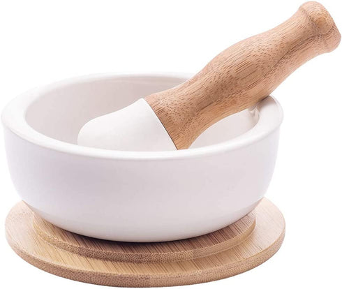 Porcelain Mortar and Pestle Set Pill Crusher, Spice Grinder, Herb Bowl, Pesto Powder Molcajete for Salt - Plus Lid/Non-Slip Base
