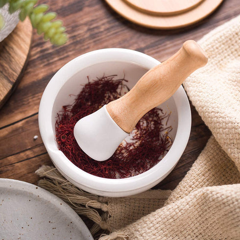 Porcelain Mortar and Pestle Set Pill Crusher, Spice Grinder, Herb Bowl, Pesto Powder Molcajete for Salt - Plus Lid/Non-Slip Base