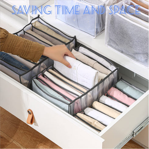 Clothes Organizer, Washable Wardrobe Clothes Organizer,Jeans Compartment Storage Box,Foldable Closet Drawer Organizer Clothes Drawer Mesh Separation Box (2 X jeans with 7 Grids-Large, White)