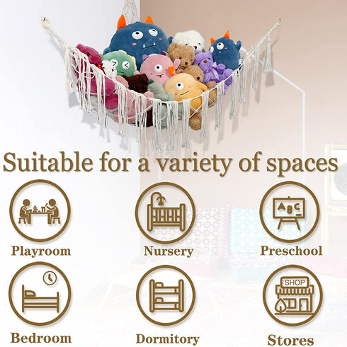 Stuffed Animal Toy Hammock Macrame, Hanging Organizer Pet Net Holder Boho Display Corner Plush Toy 3 nails for Girl Nursery Playroom Bedroom Kids Room (45inch)