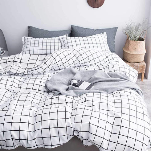 Twin Duvet Cover Set, 2 Piece - 68x90 1200 TC Plain Microfiber Down Quilt Bedding Cover with Zipper Ties for Women Rustic Farmhouse, White Grid