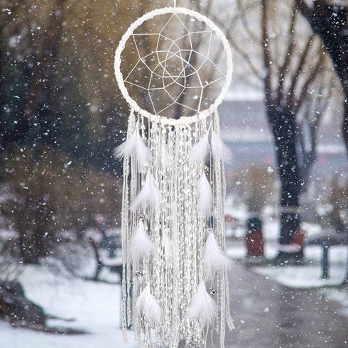 Alynsehom Extra Large Dream Catcher Kids Wall Hanging Decoration Handmade White Feather Boho Big Dreamcatchers with Bells Wedding Dream Catchers Bedroom Craft Ornament Gift (Dia 12", Length 41")