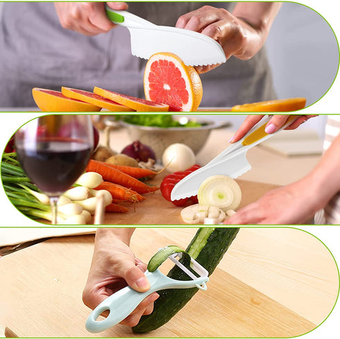 Kids Knifes Set,Nylon Knives Safe Baking Cutting Cooking Children's Beginners Cut Fruits Salad Veggies CakeFun Firm Grip Serrated Edges Friendly Childrens Knife With Cutting Board Peeler 5Pack blue