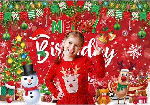 Allenjoy 7x5ft Red and Green Merry Birthday Christmas Photo Backdrop for Kids Family Happy Holiday Friendsmas Xmas New Year Eve Jolly Santa Claus Party Supplies Decoration Banner Photoshoot Background
