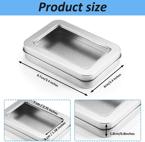 TecUnite Metal Tin Box Clear Top Tins Box Empty Storage Tins Case Rectangle Containers Can with Large Clear Window for Candles, Candies, Gifts, Balms and Treasures, Silver (24)