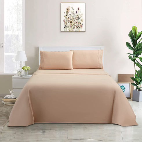 wavveUziz Bed Sheet Set Super Soft 100% Microfiber Sheet 1800 Brushed Microfiber Embroidered Full Size Bed Sheets 16-Inch Deep Pocket - 4 Piece, Beige