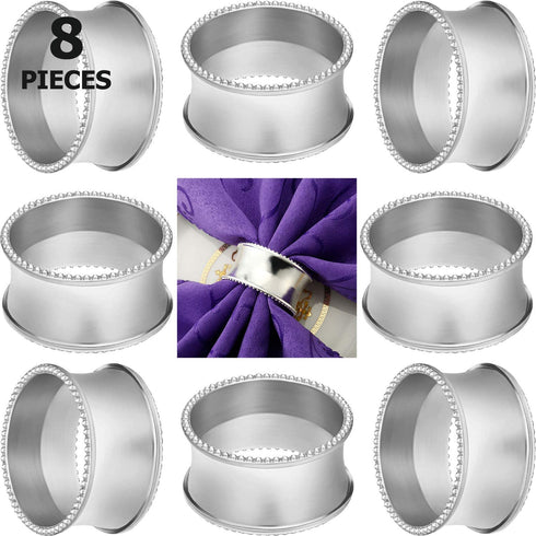 Set of 8 Metal Napkin Rings Beaded Napkin Rings Bead Side Serviette Buckles Round Delicate Solid Cloth Napkin Bands for Dinner Parties, Weddings Receptions, Family Gatherings (Silver)