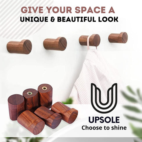 Upsole 6 Pack Walnut Wood Coat Hooks - Wooden Wall Hooks for Home and Office - Decorative Wall Mounted Hat Hooks and Hanging Washroom Towels Garments Wood Towel Hook