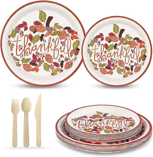 HAIL Thanksgiving Paper Plates Set, Thanksgiving Disposable Dinnerware Set for 10 Guests includes 10 9In Dinner Plates10 7In Dessert Plates and 10 Set Wooden Cutlery -Happy Harvest and Give Thanks