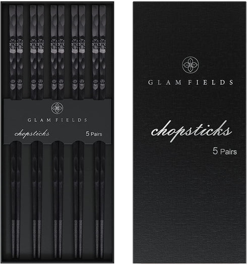 5 Pairs Japanese Fiberglass Chopsticks, GLAMFIELDS Reusable Chop sticks Dishwasher Safe, Non-slip, 9 1/2 inches - Gift Set Black