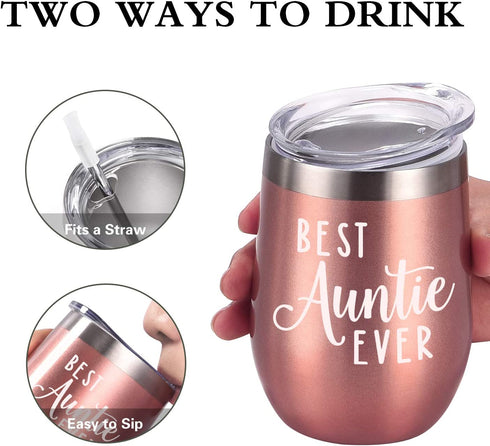 Best Auntie Ever Wine Tumbler, Funny Auntie Birthday Gifts for New Aunt to Be for Mother's Day, Christmas Xmas Present, 12 Oz Stainless Steel Wine Tumbler Auntie Sippy Cup