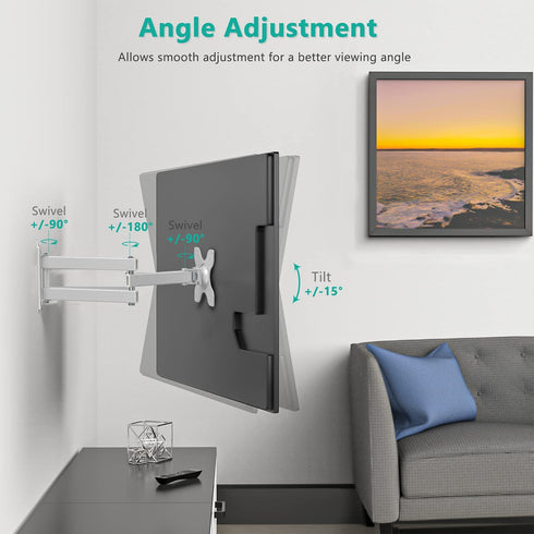 WALI TV Wall Mount Articulating LCD Monitor Full Motion 15 inch Extension Arm Tilt Swivel for Most 13 to 30 inch LED TV Flat Panel Screen with VESA up to 100x100mm (1330LM-W), White