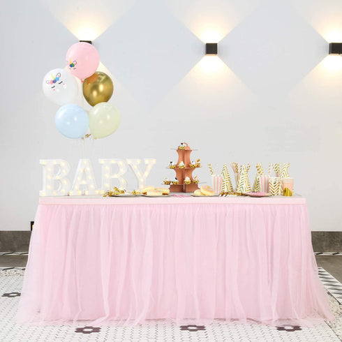 6ft Pink Tulle Table Skirt for Rectangle or Round Tables Tutu Table Skirt for Wedding Birthday Party Baby Shower Girl Gender Reveal Cake Dessert Table Decorations
