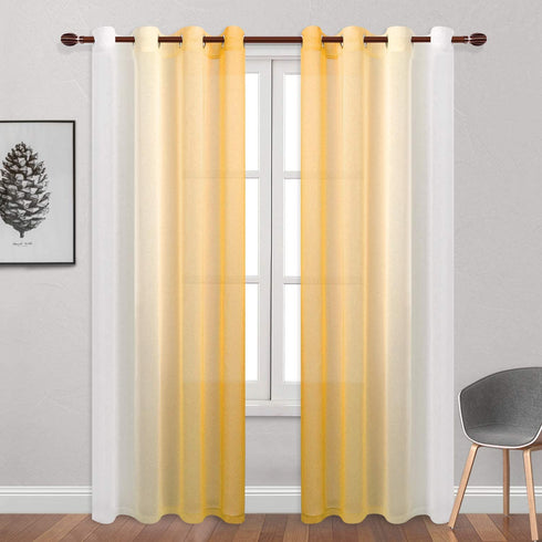 DWCN Yellow Ombre Sheer Curtains - Faux Linen Gradient Semi Voile Grommet Top Bedroom and Living Room Curtains, Set of 2 Window Curtain Panels, 52 x 84 Inches Long